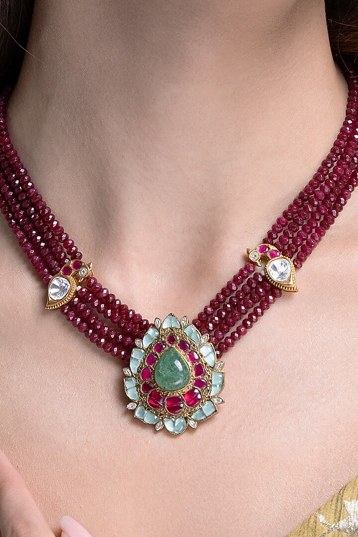 Gold Finish Kundan Polki & Ruby Beaded Choker Necklace Set by Joules By Radhika at Pernia's Pop Up Shop