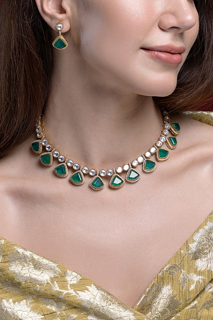 Gold Finish Kundan Polki & Green Stone Necklace Set by Joules By Radhika at Pernia's Pop Up Shop