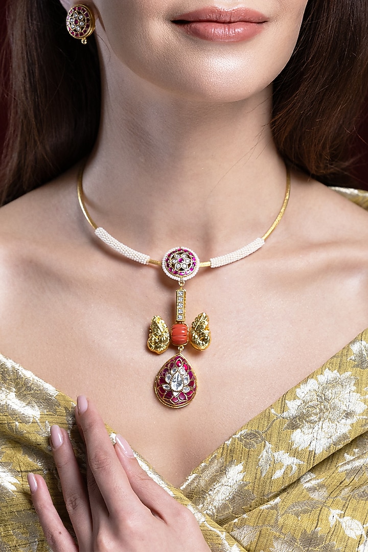 Gold Finish Red Kundan Polki Choker Necklace Set by Joules By Radhika at Pernia's Pop Up Shop