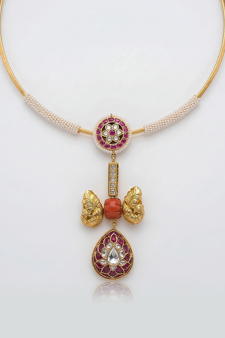 Gold Finish Red Kundan Polki Choker Necklace Set by Joules By Radhika at Pernia's Pop Up Shop