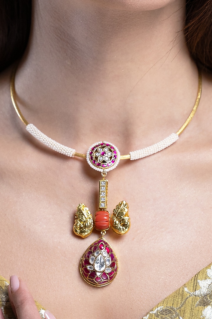 Gold Finish Red Kundan Polki Choker Necklace Set by Joules By Radhika at Pernia's Pop Up Shop