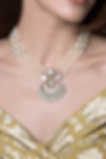 Gold Finish Kundan Polki & White Beaded Long Necklace Set by Joules By Radhika at Pernia's Pop Up Shop
