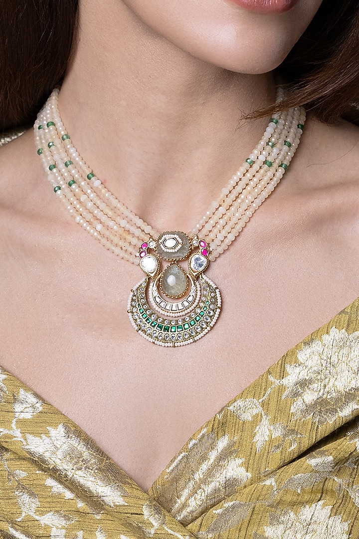 Gold Finish Kundan Polki & White Beaded Long Necklace Set by Joules By Radhika at Pernia's Pop Up Shop