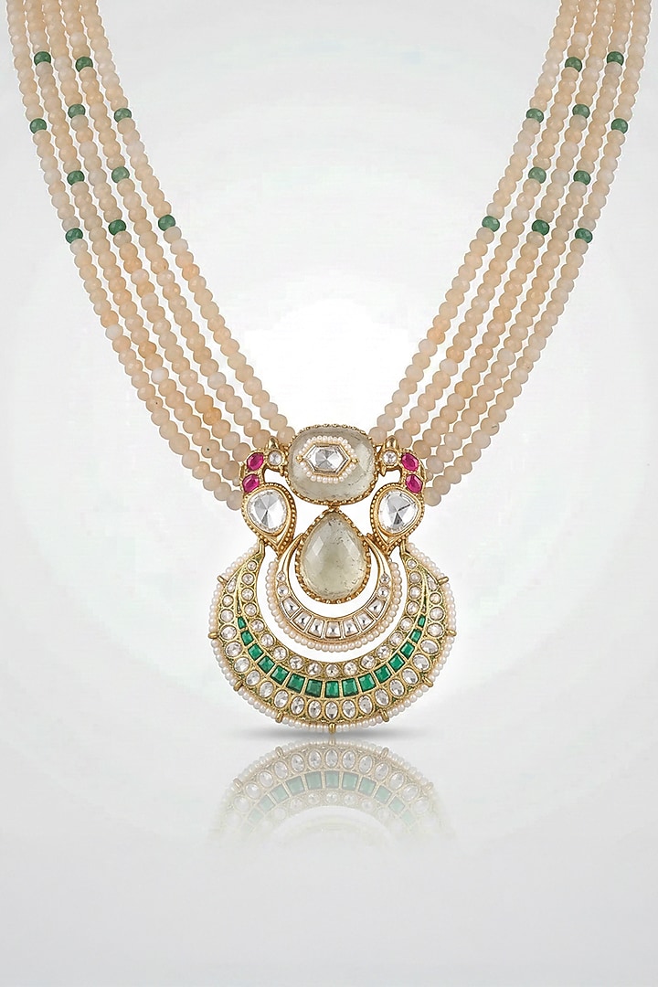 Gold Finish Kundan Polki & White Beaded Long Necklace Set by Joules By Radhika at Pernia's Pop Up Shop
