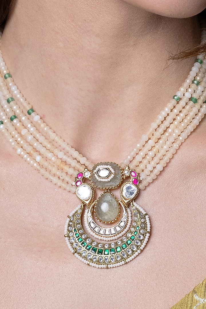 Gold Finish Kundan Polki & White Beaded Long Necklace Set by Joules By Radhika at Pernia's Pop Up Shop