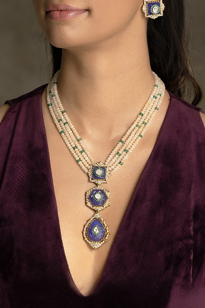 Gold Finish Kundan Polki & White Beaded Choker Necklace Set by Joules By Radhika at Pernia's Pop Up Shop