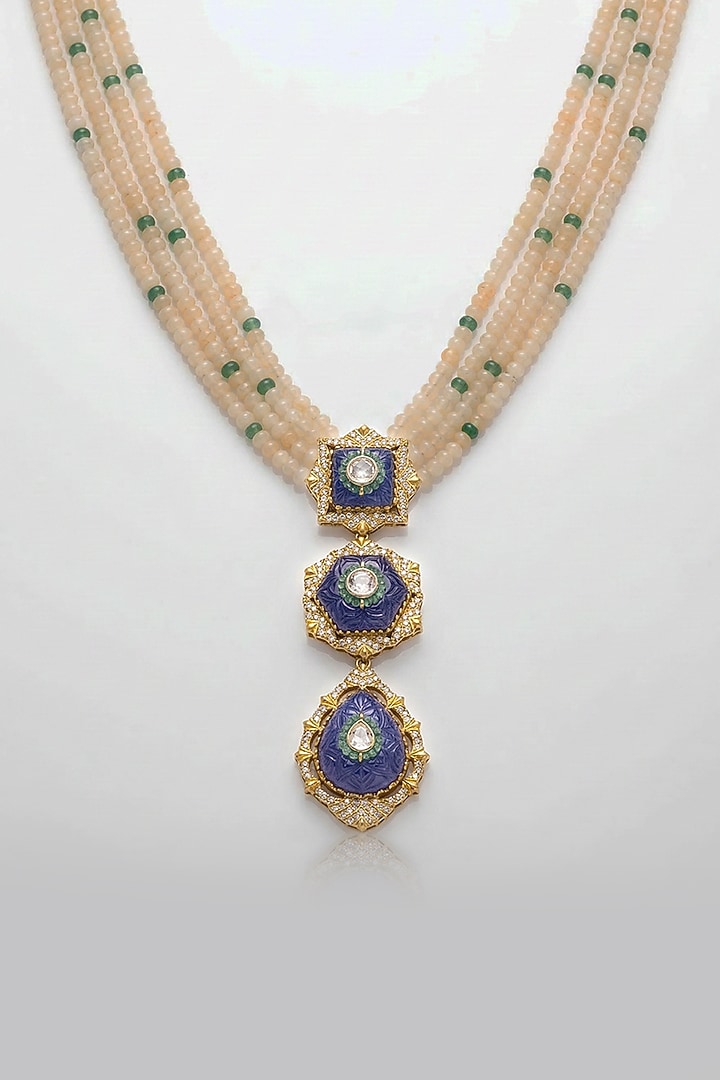 Gold Finish Kundan Polki & White Beaded Choker Necklace Set by Joules By Radhika at Pernia's Pop Up Shop