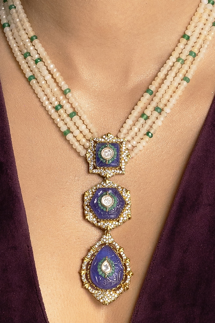 Gold Finish Kundan Polki & White Beaded Choker Necklace Set by Joules By Radhika at Pernia's Pop Up Shop