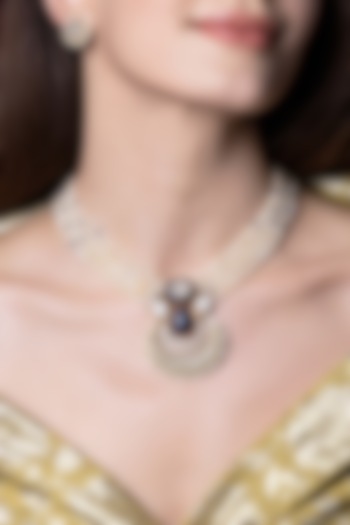 Gold Finish Kundan Polki & White Beaded Long Necklace Set by Joules By Radhika at Pernia's Pop Up Shop