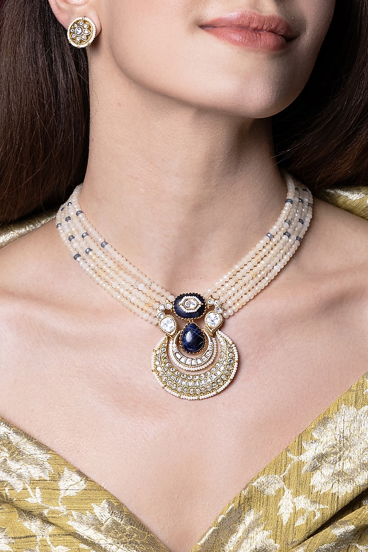 Gold Finish Kundan Polki & White Beaded Long Necklace Set by Joules By Radhika at Pernia's Pop Up Shop