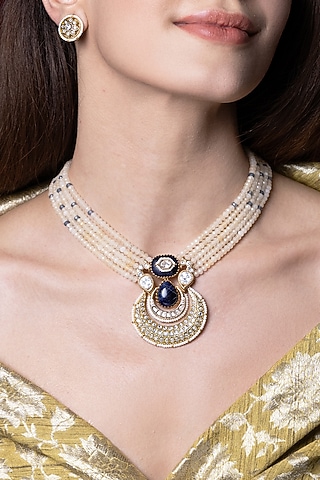 Gold Finish Kundan Polki & White Beaded Long Necklace Set by Joules By Radhika