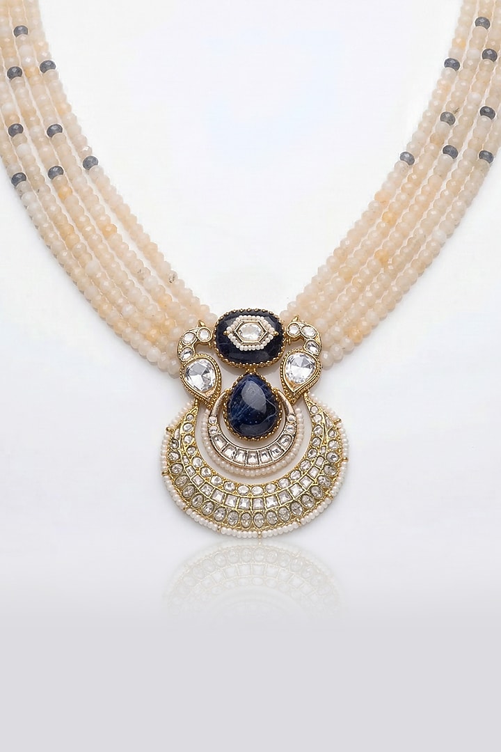 Gold Finish Kundan Polki & White Beaded Long Necklace Set by Joules By Radhika at Pernia's Pop Up Shop