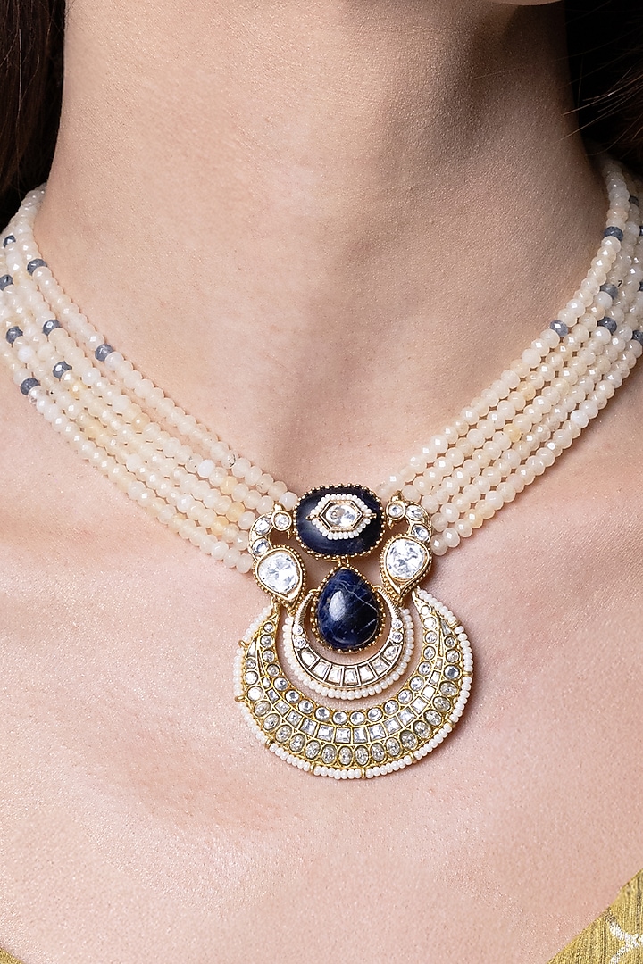 Gold Finish Kundan Polki & White Beaded Long Necklace Set by Joules By Radhika at Pernia's Pop Up Shop