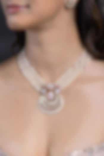 Gold Finish Pink Kundan Polki & White Beaded Long Necklace Set by Joules By Radhika at Pernia's Pop Up Shop