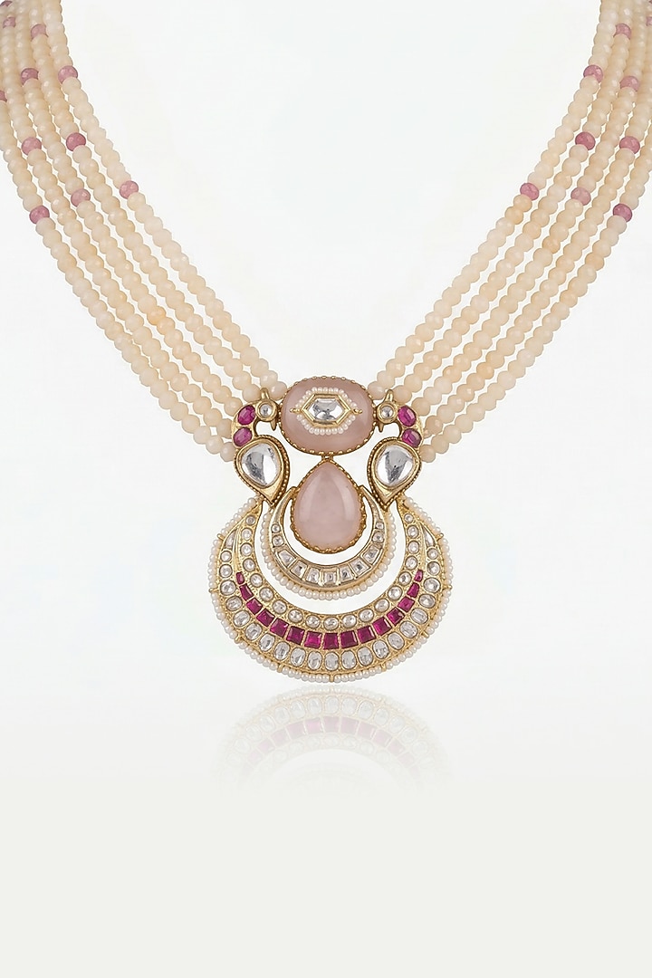 Gold Finish Pink Kundan Polki & White Beaded Long Necklace Set by Joules By Radhika at Pernia's Pop Up Shop