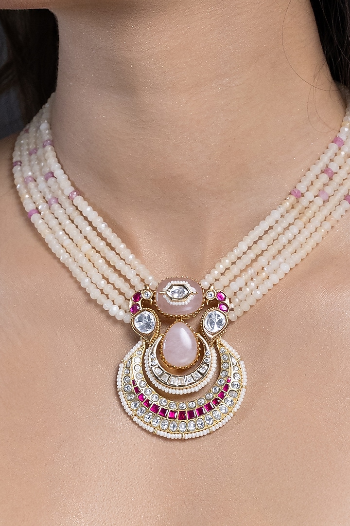 Gold Finish Pink Kundan Polki & White Beaded Long Necklace Set by Joules By Radhika at Pernia's Pop Up Shop
