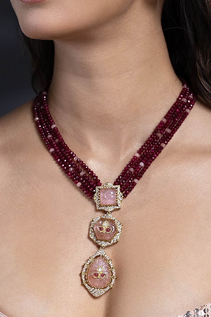 Gold Finish Red Kundan Polki & Black Beaded Choker Necklace Set by Joules By Radhika at Pernia's Pop Up Shop