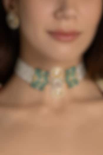 Gold Finish Green Kundan Polki & White Beaded Choker Necklace Set by Joules By Radhika at Pernia's Pop Up Shop