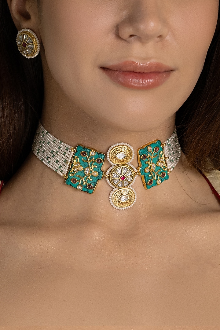 Gold Finish Green Kundan Polki & White Beaded Choker Necklace Set by Joules By Radhika at Pernia's Pop Up Shop