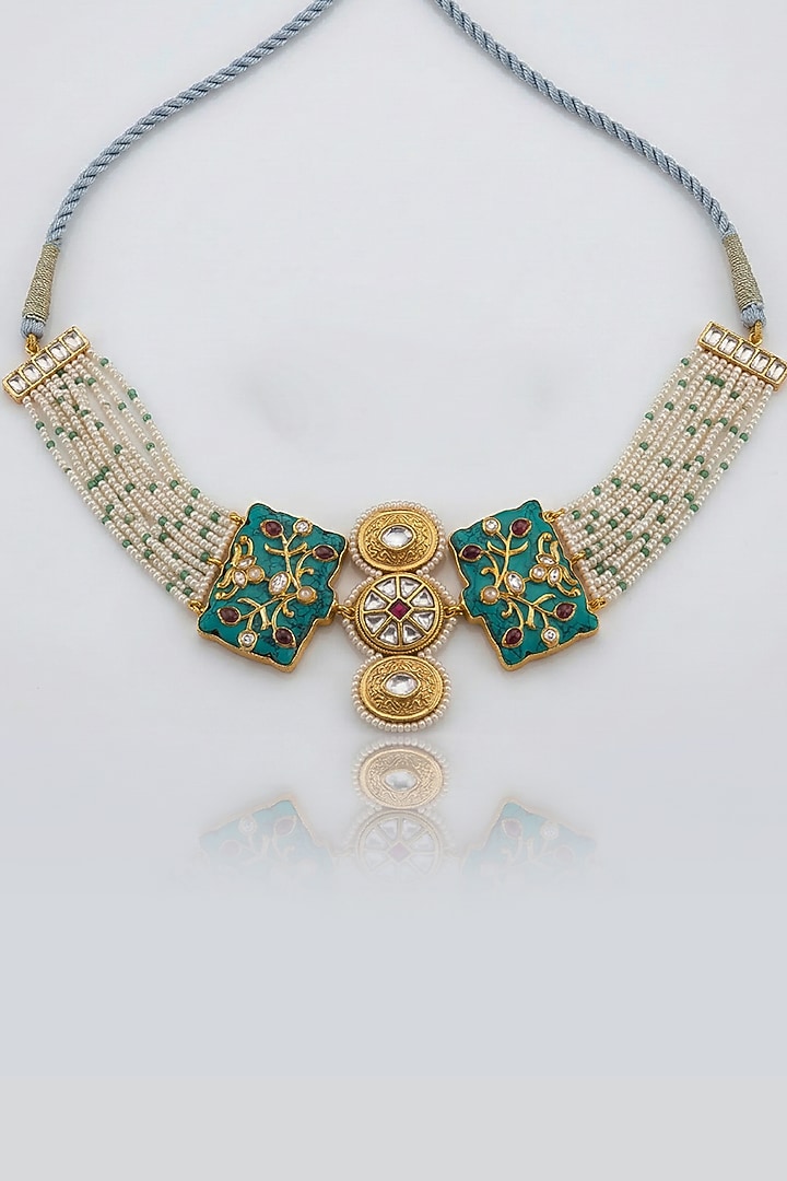 Gold Finish Green Kundan Polki & White Beaded Choker Necklace Set by Joules By Radhika at Pernia's Pop Up Shop