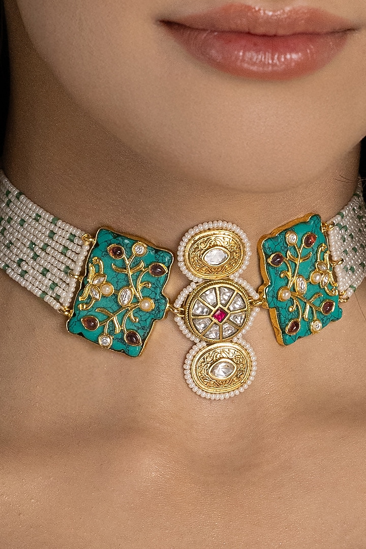 Gold Finish Green Kundan Polki & White Beaded Choker Necklace Set by Joules By Radhika at Pernia's Pop Up Shop