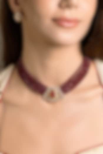 Gold Finish Kundan Polki & Maroon Beaded Choker Necklace Set by Joules By Radhika at Pernia's Pop Up Shop