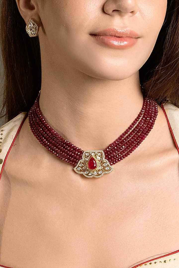Gold Finish Kundan Polki & Maroon Beaded Choker Necklace Set by Joules By Radhika at Pernia's Pop Up Shop