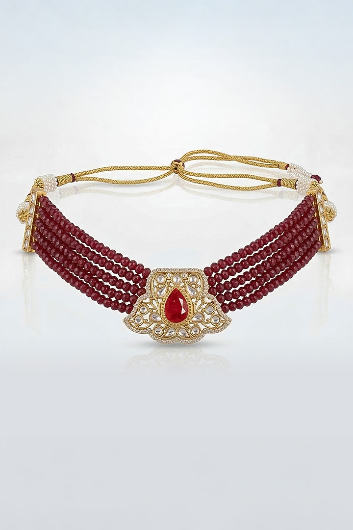 Gold Finish Kundan Polki & Maroon Beaded Choker Necklace Set by Joules By Radhika at Pernia's Pop Up Shop