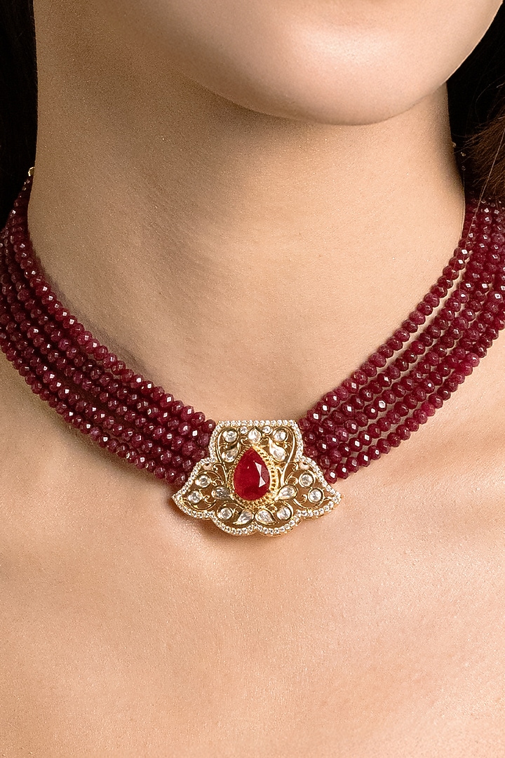 Gold Finish Kundan Polki & Maroon Beaded Choker Necklace Set by Joules By Radhika at Pernia's Pop Up Shop