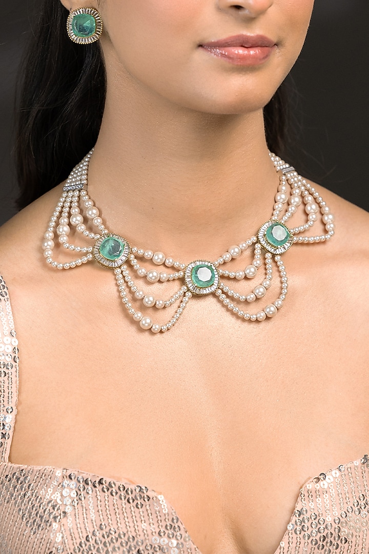 Gold Finish Kundan Polki & Green Stone Choker Necklace Set by Joules By Radhika at Pernia's Pop Up Shop