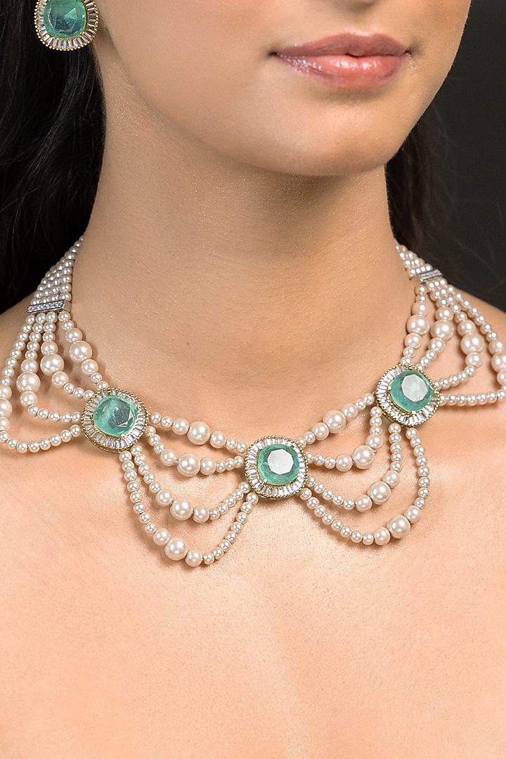 Gold Finish Kundan Polki & Green Stone Choker Necklace Set by Joules By Radhika at Pernia's Pop Up Shop