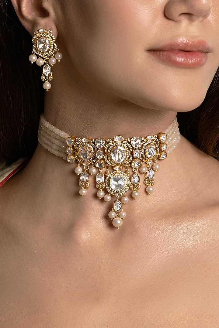 Gold Finish White Kundan Polki & Beaded Choker Necklace Set by Joules By Radhika at Pernia's Pop Up Shop
