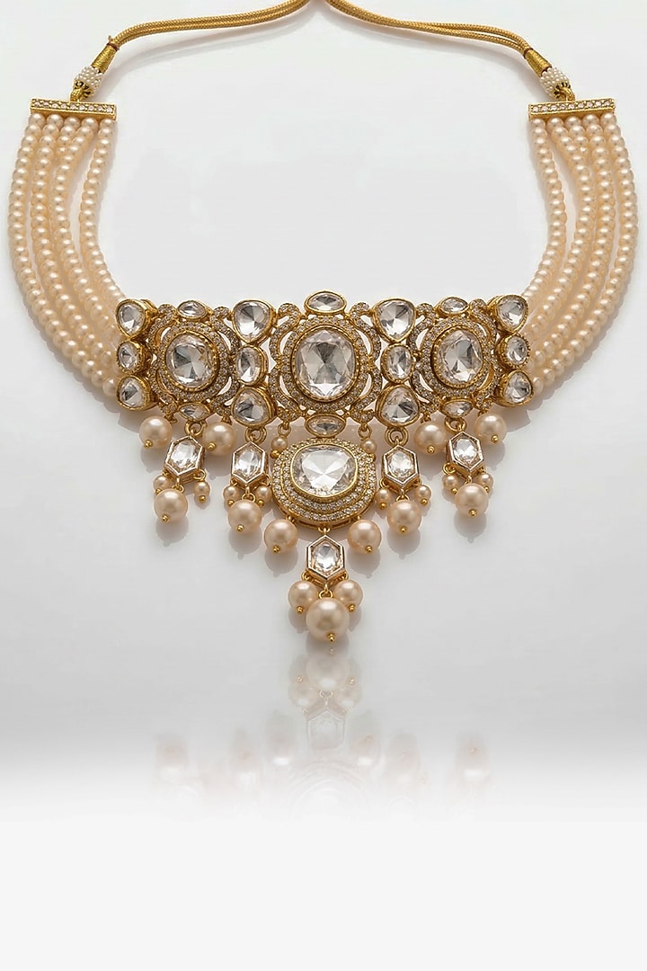 Gold Finish White Kundan Polki & Beaded Choker Necklace Set by Joules By Radhika at Pernia's Pop Up Shop