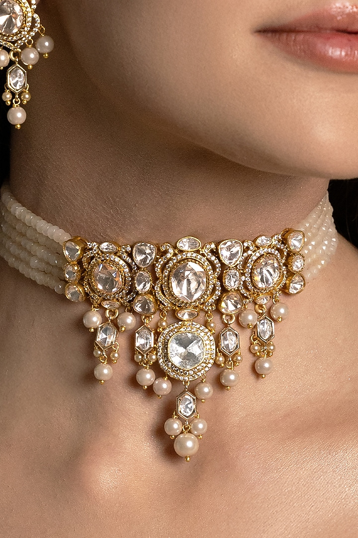 Gold Finish White Kundan Polki & Beaded Choker Necklace Set by Joules By Radhika at Pernia's Pop Up Shop