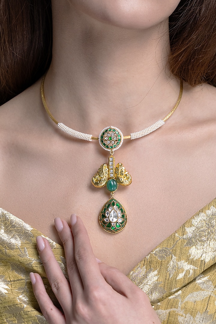 Gold Finish Green Kundan Polki Choker Necklace Set by Joules By Radhika at Pernia's Pop Up Shop
