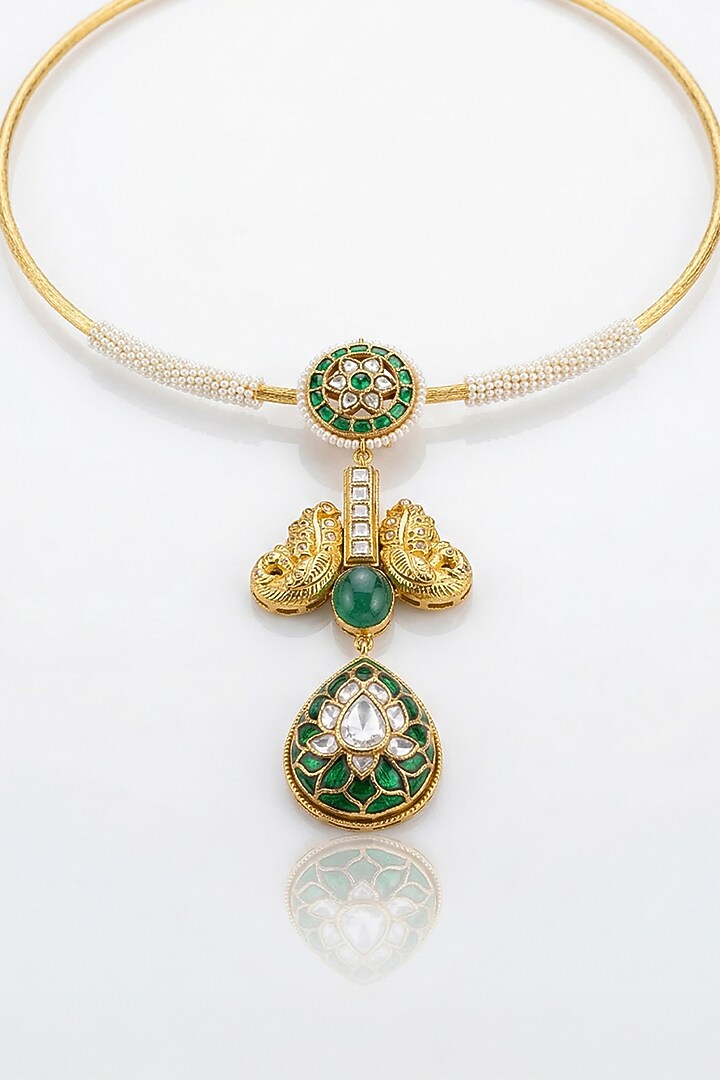 Gold Finish Green Kundan Polki Choker Necklace Set by Joules By Radhika at Pernia's Pop Up Shop