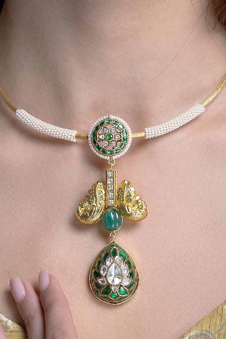 Gold Finish Green Kundan Polki Choker Necklace Set by Joules By Radhika at Pernia's Pop Up Shop