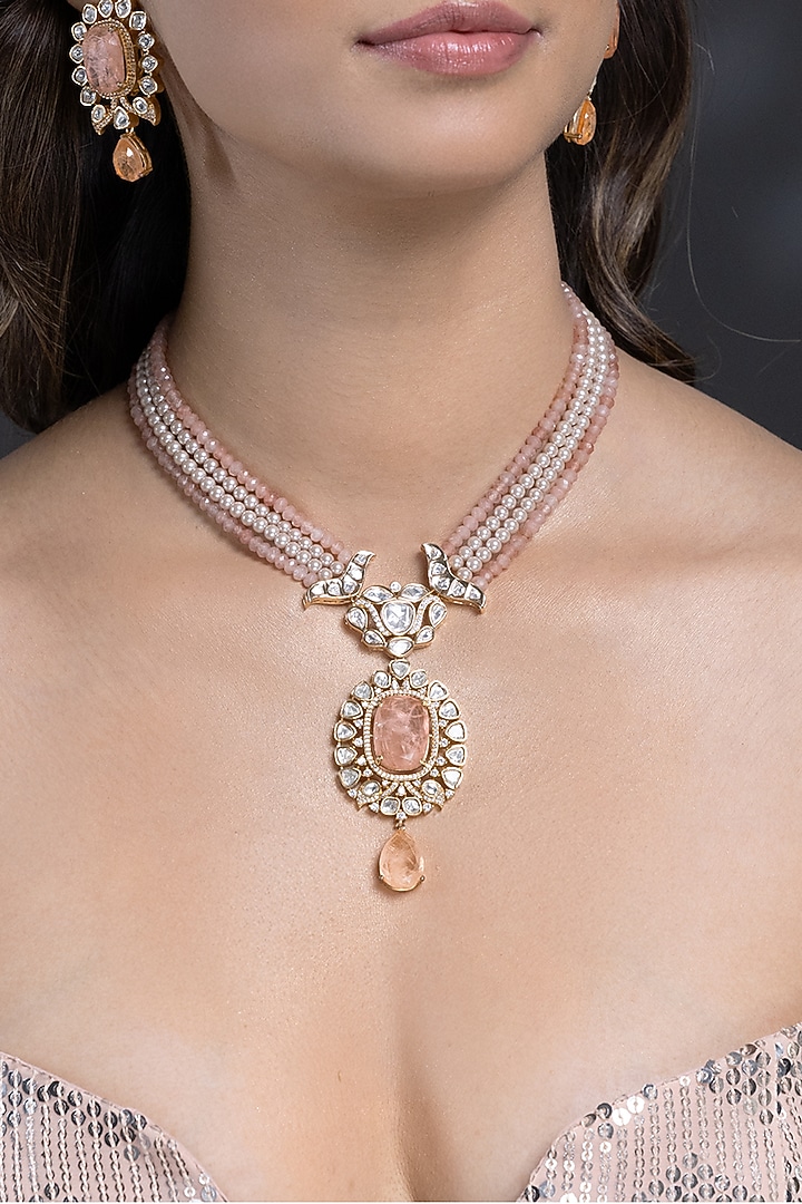 Gold Finish Coral Kundan Polki & Beaded Long Necklace Set by Joules By Radhika at Pernia's Pop Up Shop