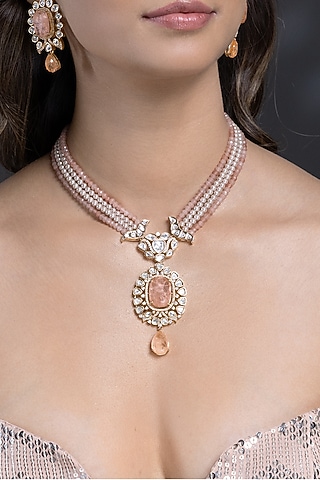 Gold Finish Coral Kundan Polki & Beaded Long Necklace Set by Joules By Radhika