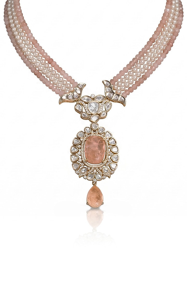 Gold Finish Coral Kundan Polki & Beaded Long Necklace Set by Joules By Radhika at Pernia's Pop Up Shop