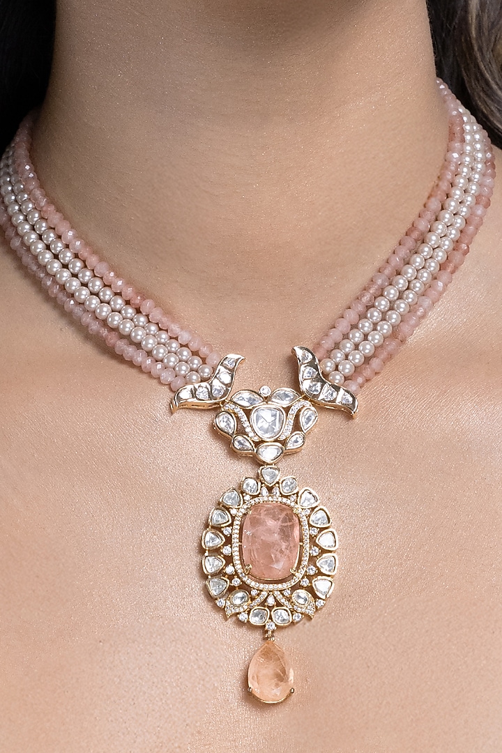 Gold Finish Coral Kundan Polki & Beaded Long Necklace Set by Joules By Radhika at Pernia's Pop Up Shop