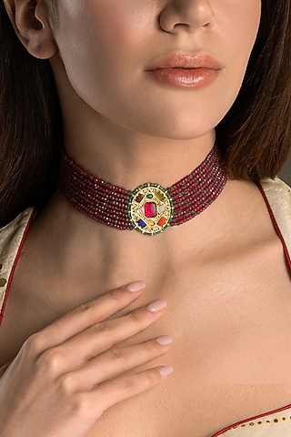Gold Finish Kundan Polki & Maroon Beaded Necklace by Joules By Radhika