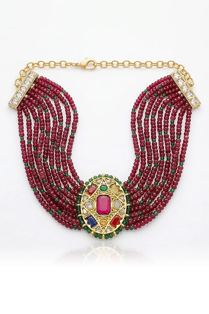 Gold Finish Kundan Polki & Maroon Beaded Necklace by Joules By Radhika at Pernia's Pop Up Shop