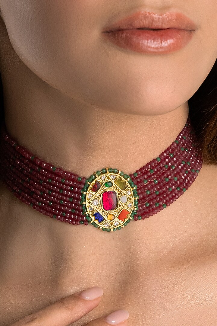 Gold Finish Kundan Polki & Maroon Beaded Necklace by Joules By Radhika at Pernia's Pop Up Shop