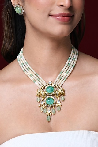 Gold Finish Turquoise Kundan Polki & Beaded Necklace Set by Joules By Radhika
