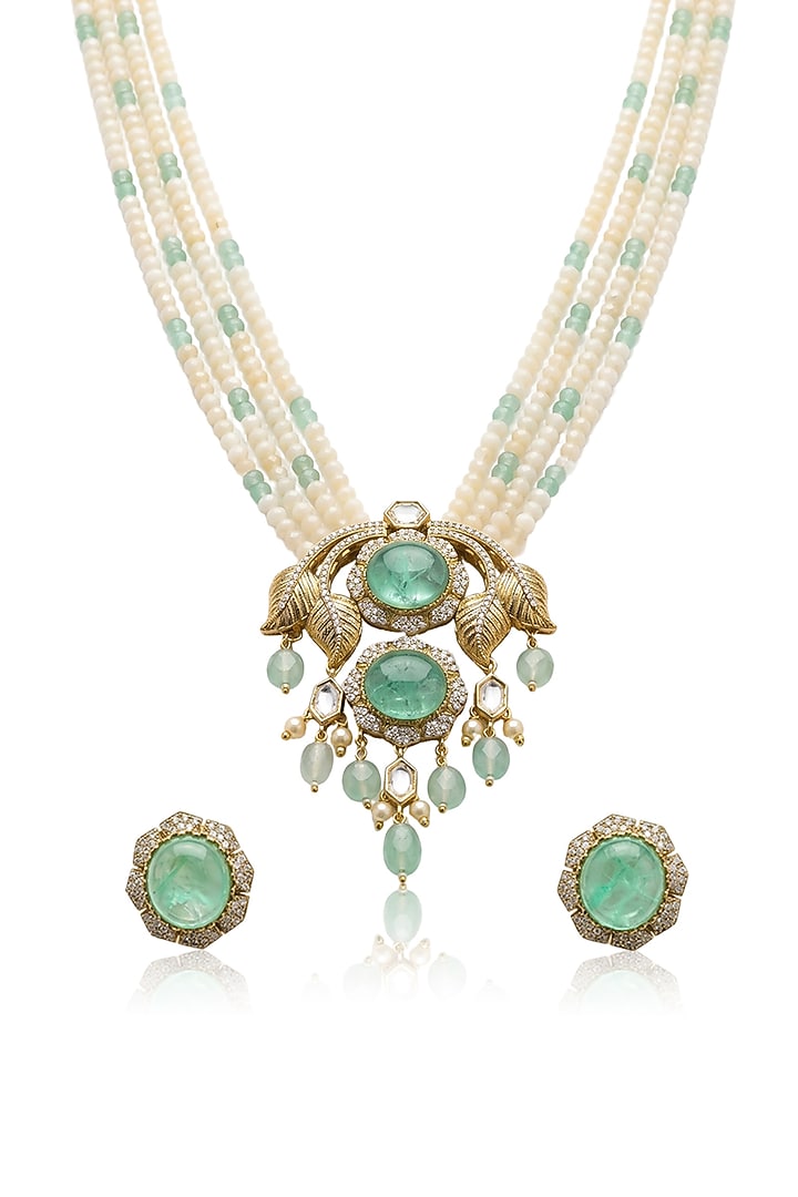 Gold Finish Turquoise Kundan Polki & Beaded Necklace Set by Joules By Radhika at Pernia's Pop Up Shop