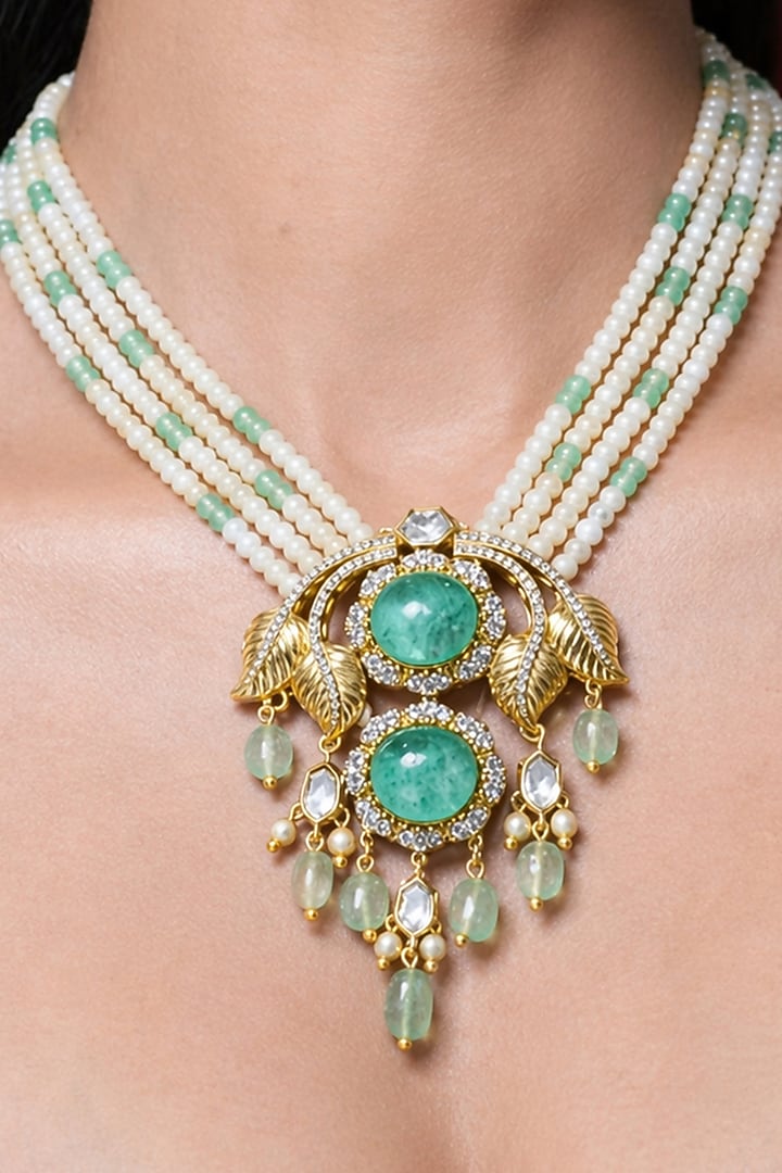 Gold Finish Turquoise Kundan Polki & Beaded Necklace Set by Joules By Radhika at Pernia's Pop Up Shop