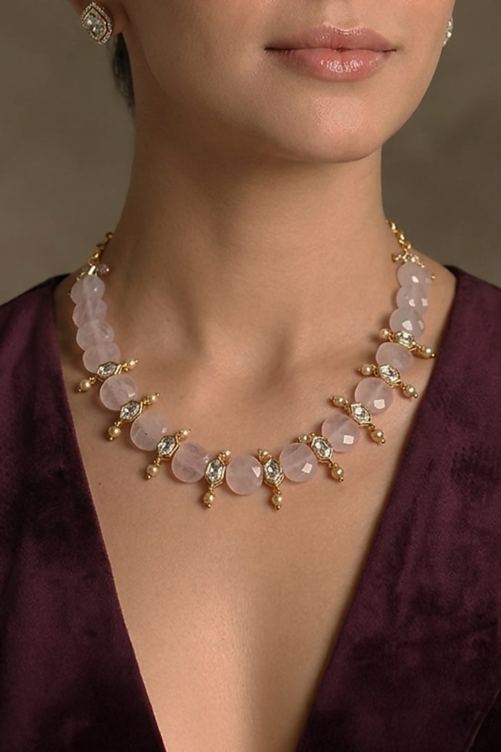 Gold Finish Rose Quartz Stone Necklace by Joules By Radhika at Pernia's Pop Up Shop