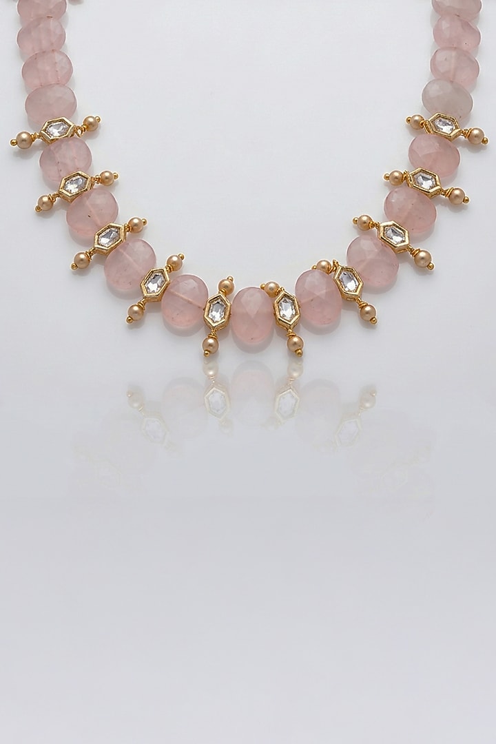 Gold Finish Rose Quartz Stone Necklace by Joules By Radhika at Pernia's Pop Up Shop