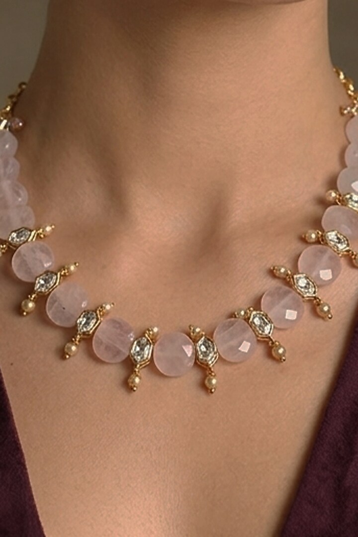 Gold Finish Rose Quartz Stone Necklace by Joules By Radhika at Pernia's Pop Up Shop